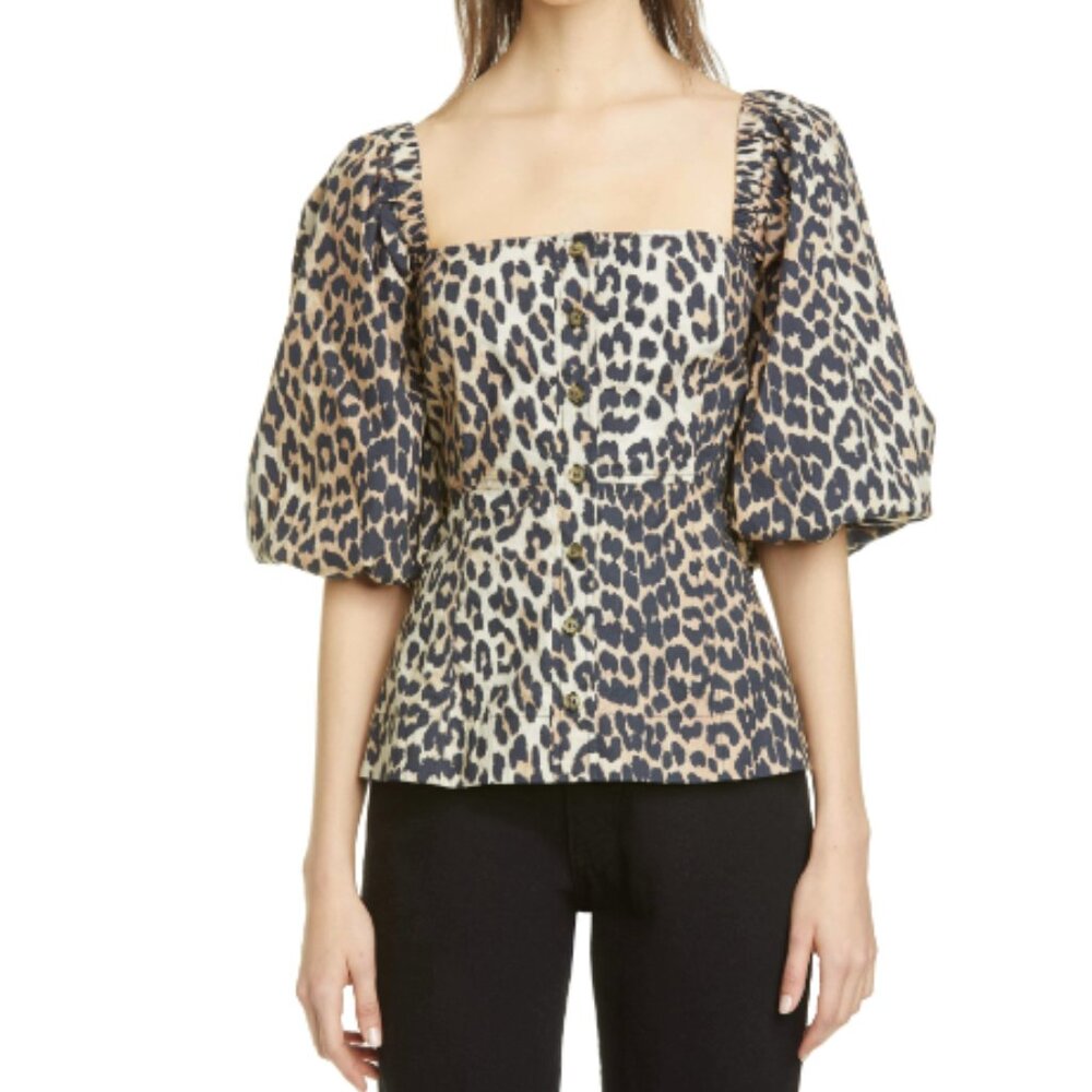 GANNI Leopard 100% Cotton Poplin Puff Sleeve Button Front Top Size 36 (US 4)